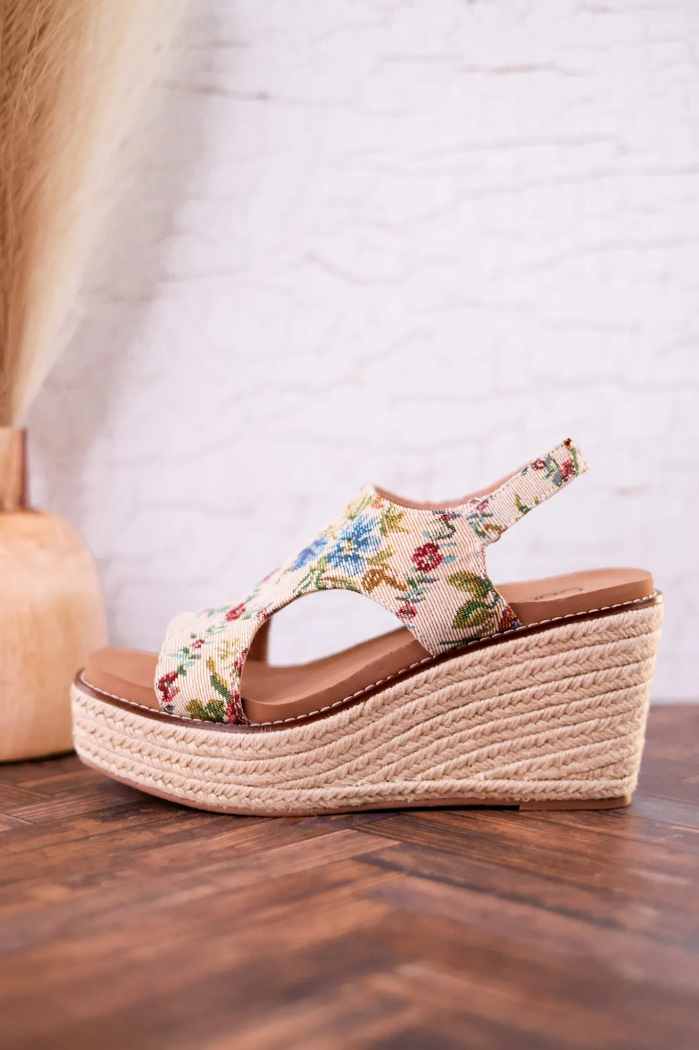 Tan and Floral Brocade Freddie Wedges