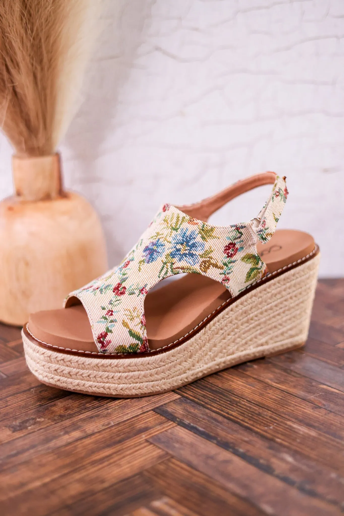 Tan and Floral Brocade Freddie Wedges