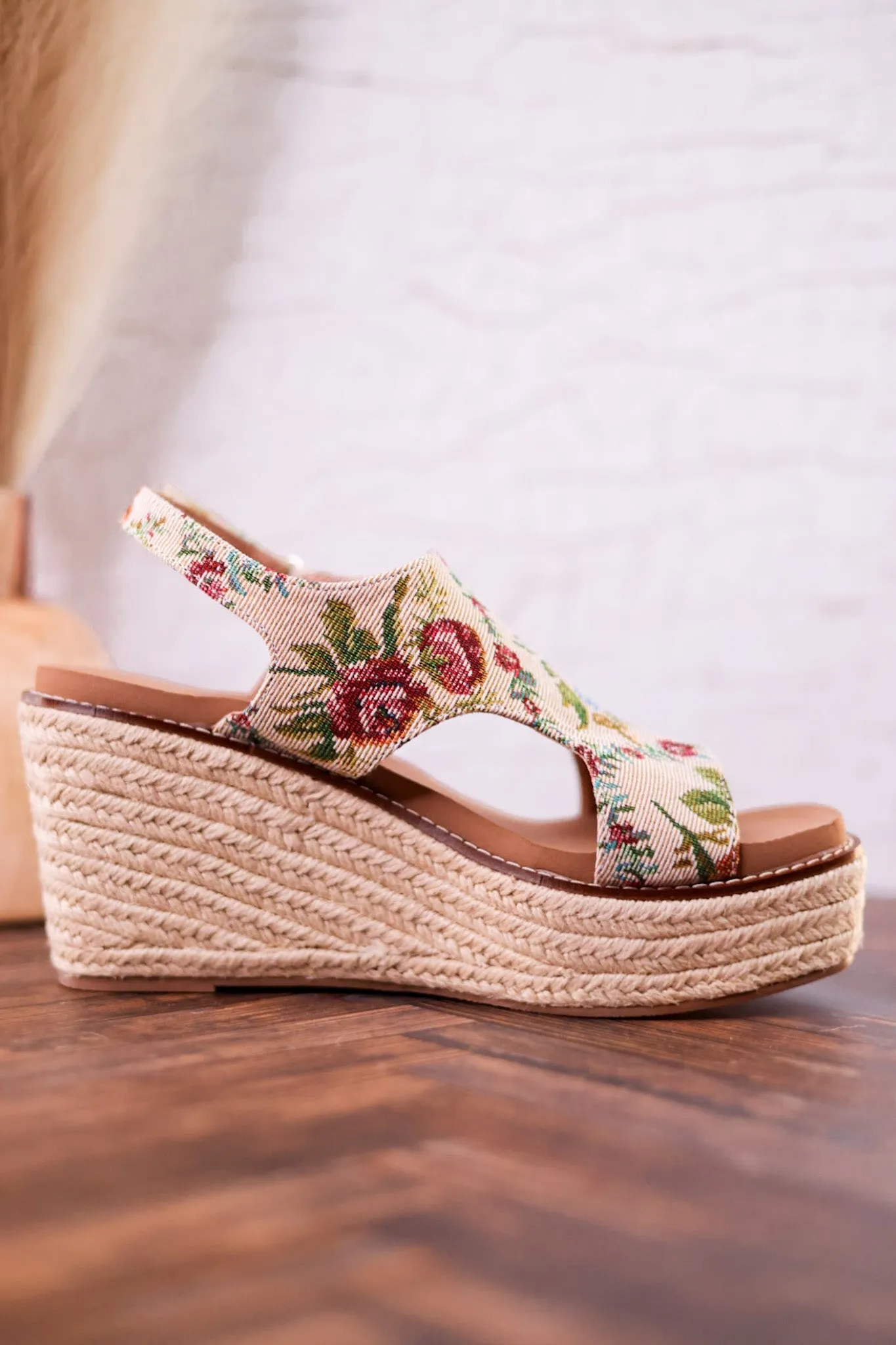 Tan and Floral Brocade Freddie Wedges