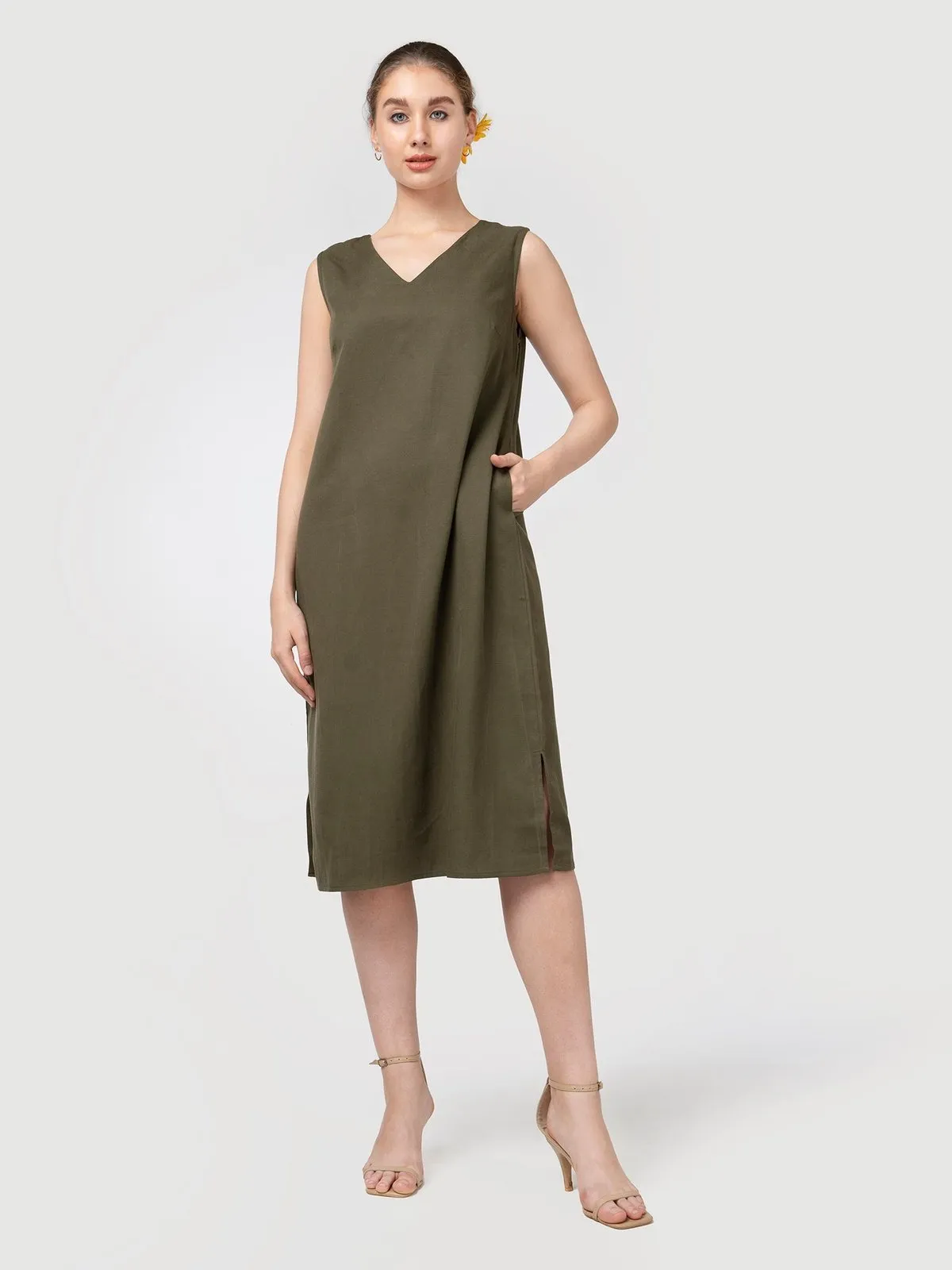 Tencel Solid V-Neck Sleeveless Dress