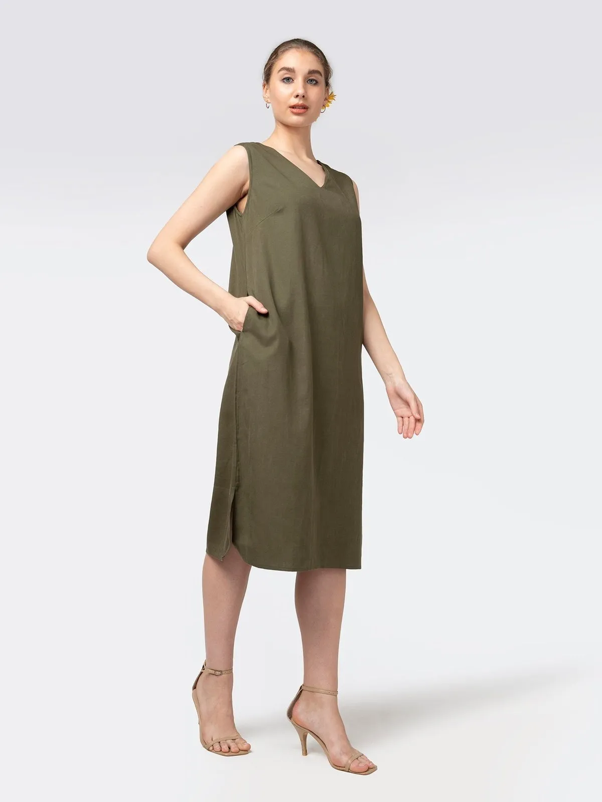 Tencel Solid V-Neck Sleeveless Dress
