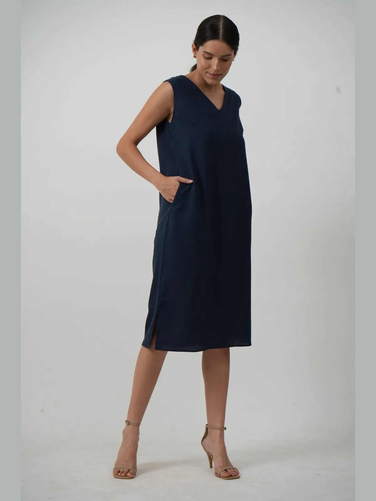 Tencel Solid V-Neck Sleeveless Dress