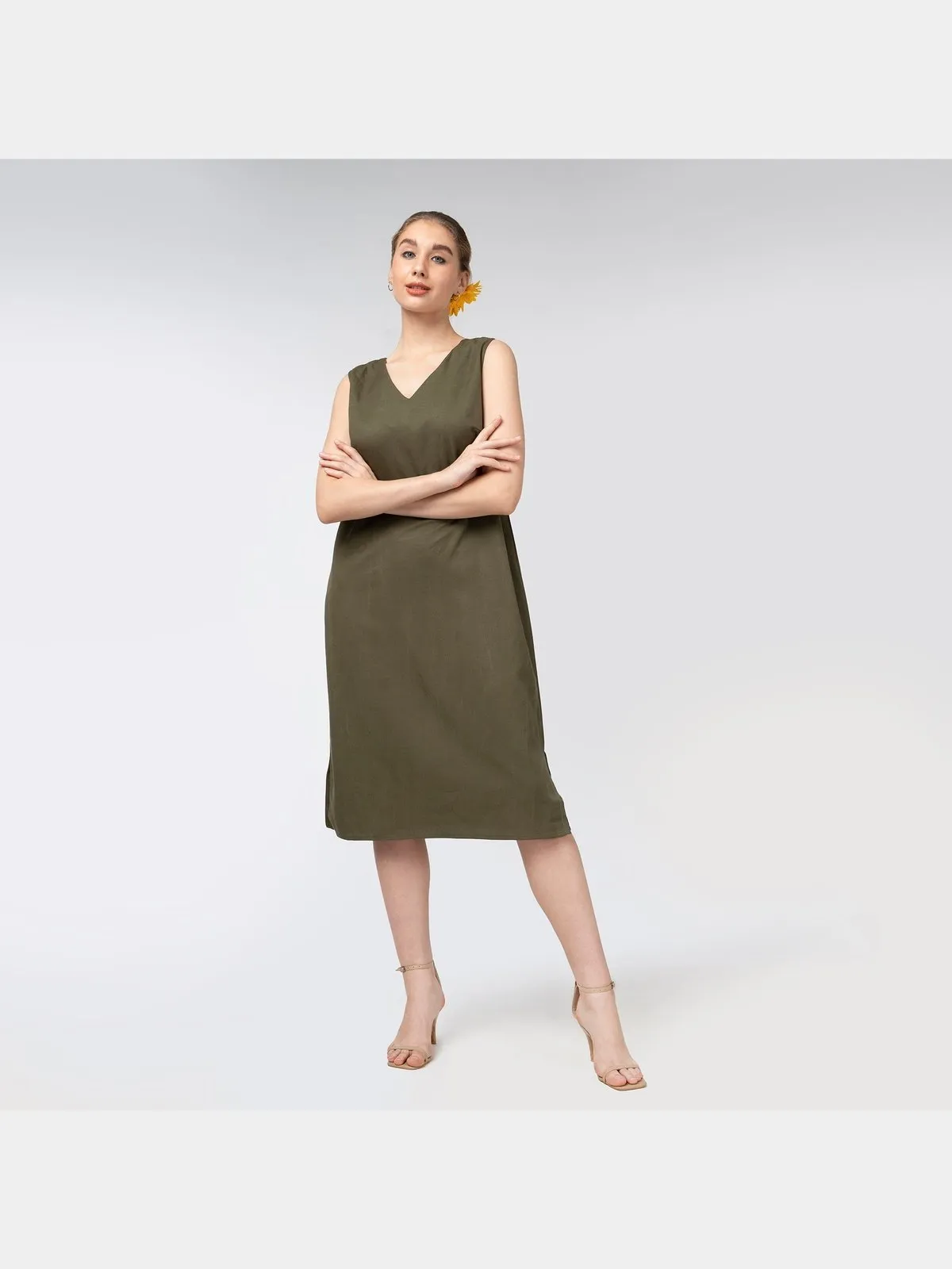 Tencel Solid V-Neck Sleeveless Dress