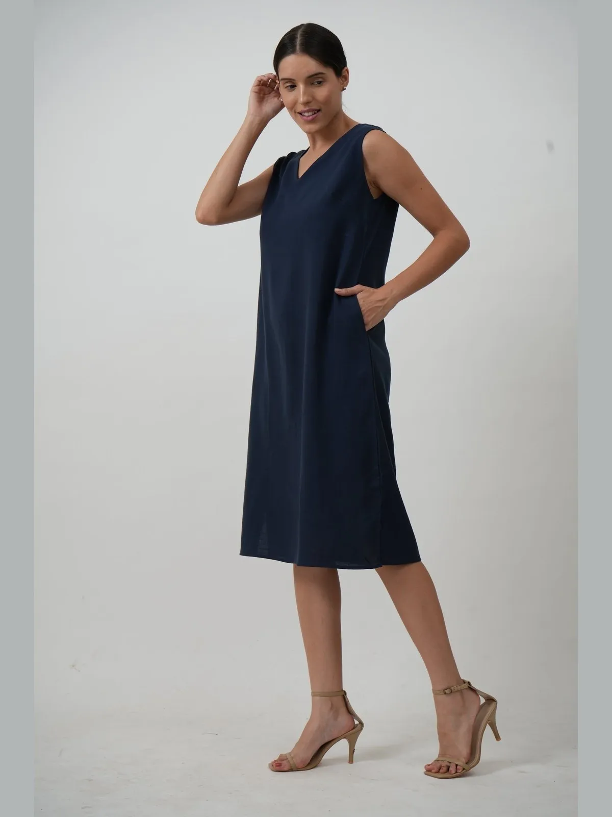 Tencel Solid V-Neck Sleeveless Dress