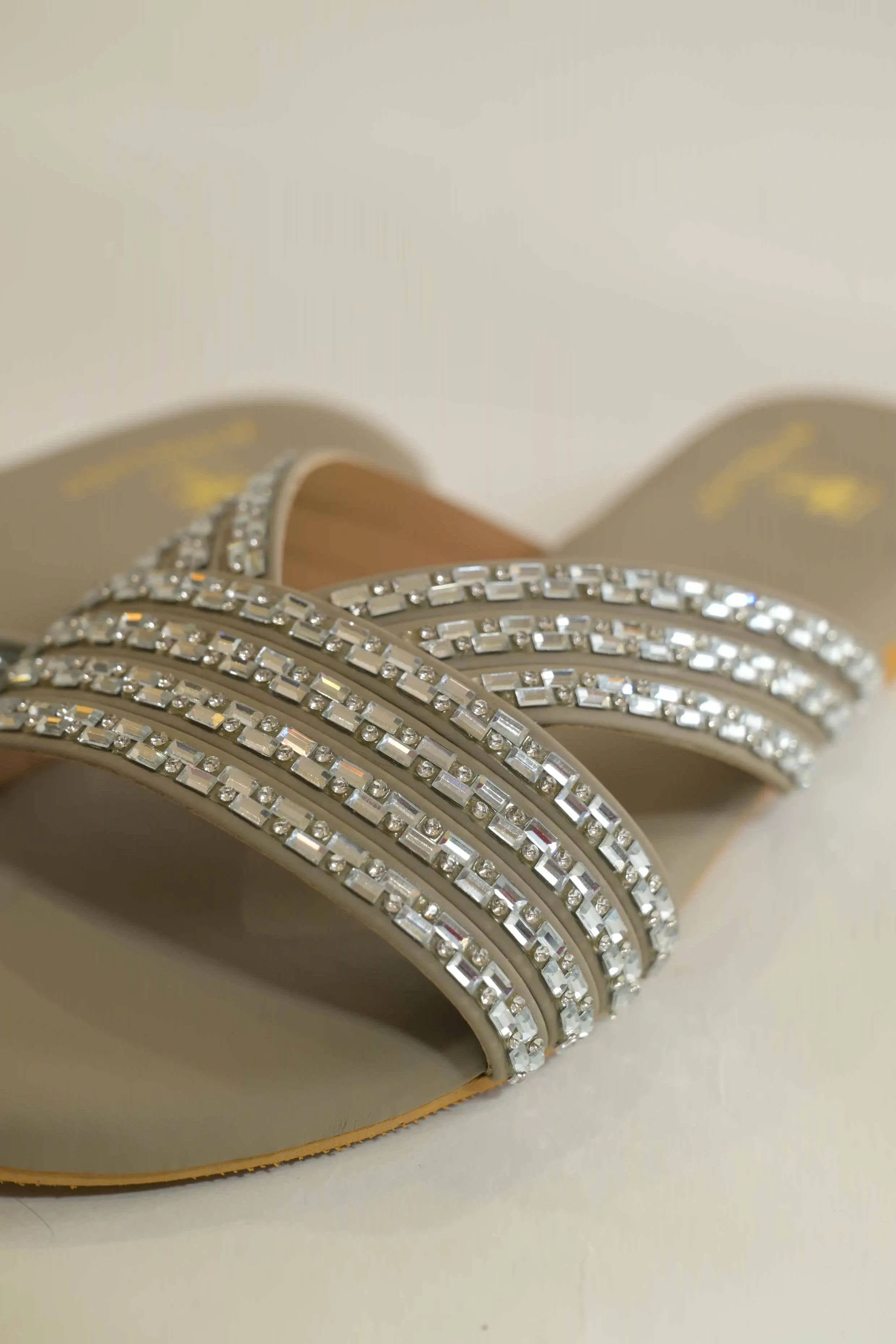 Triple-Strap Swarovski Stone Embellished Flats - Warm Grey