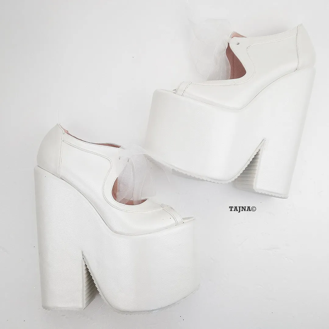 White Lace Up Platform Wedge Bridal Shoes