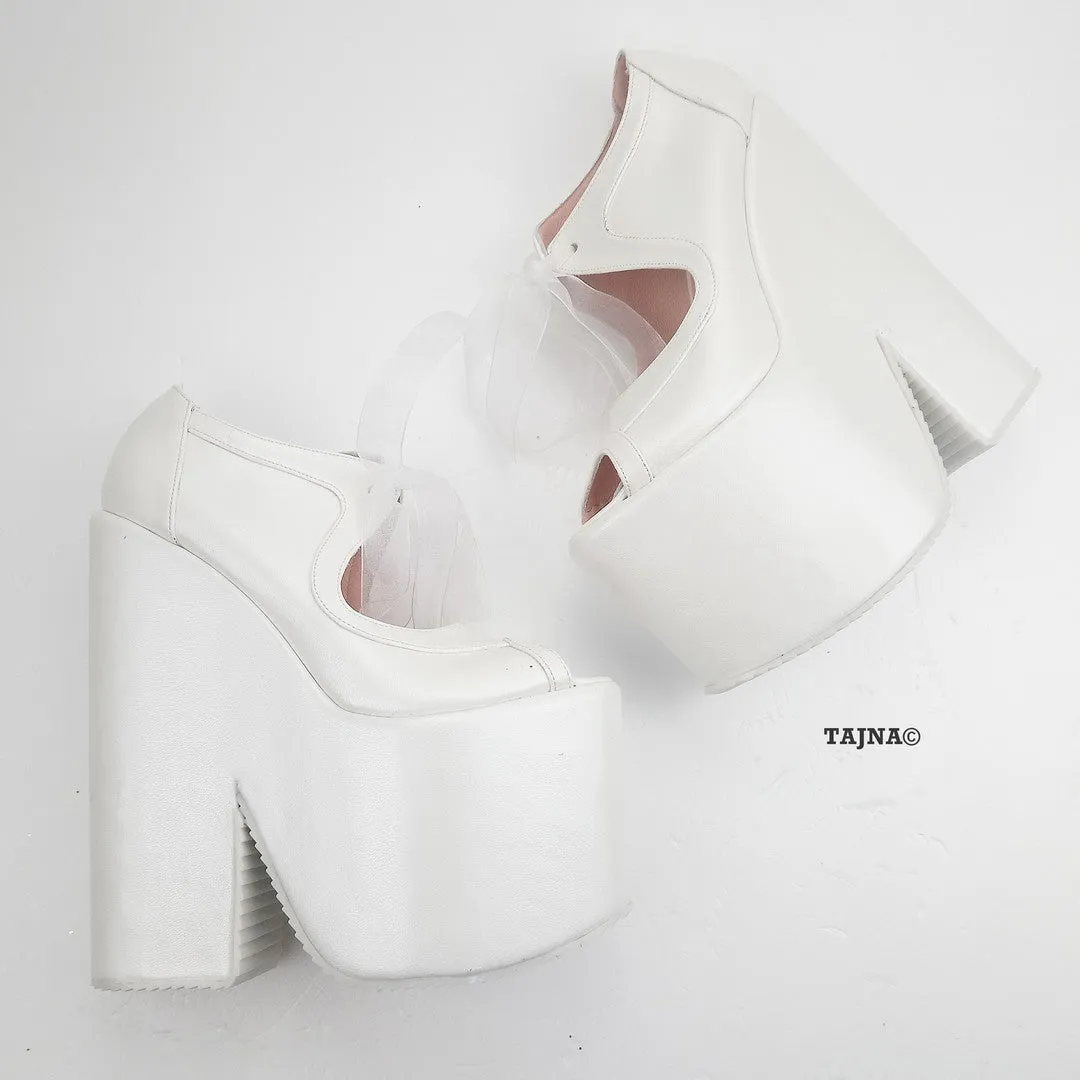 White Lace Up Platform Wedge Bridal Shoes
