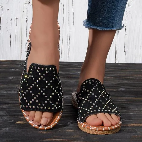 Women’s Casual Fish Mouth Rhinestone Flat Slippers 61619505S